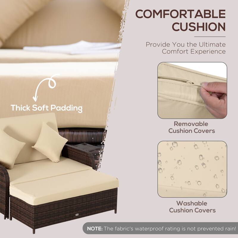 Outsunny Patio Wicker Loveseat Sofa Set, Outdoor PE Rattan Garden Sun Lounger, w/ Storage Ottoman & Side Tables/ Drink Trays