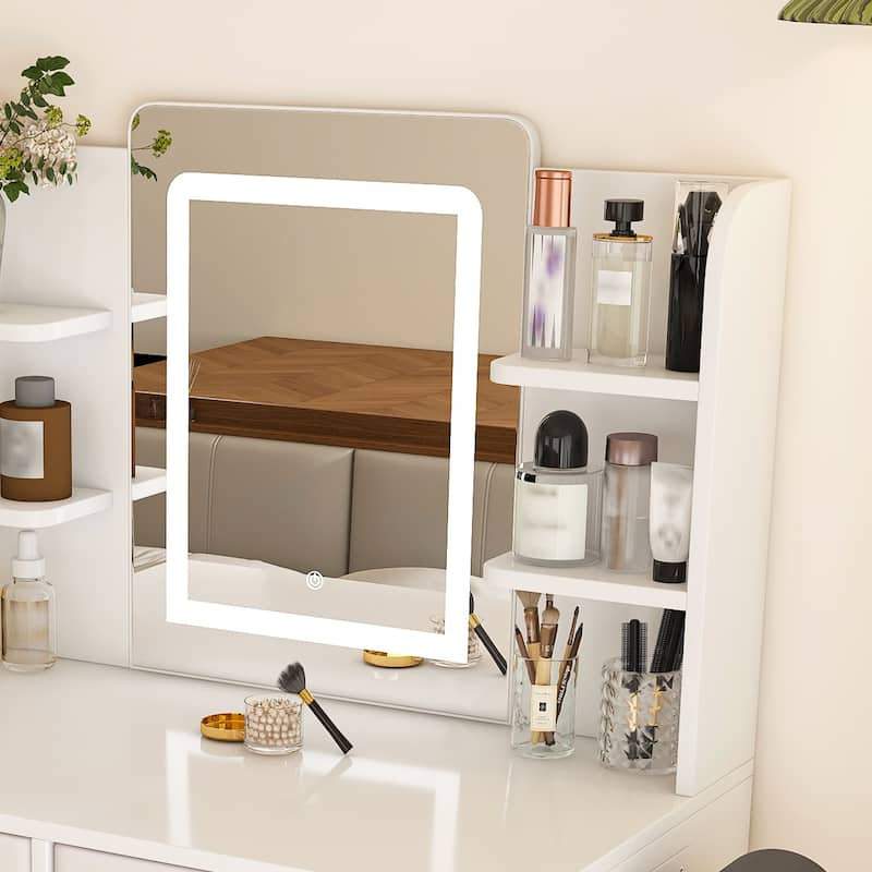 Vanity Desk with LED Light Mirror, 3-Color Adjustable Light Strips, Dressing Table with Hair Dryer Stand & 2 Large Drawers