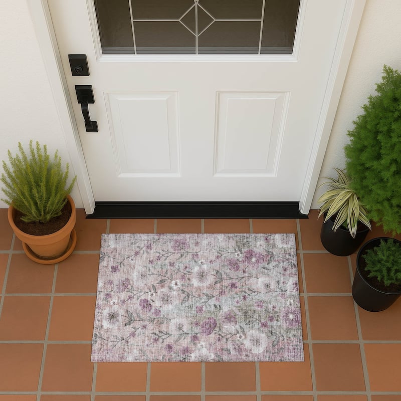 Machine Washable Indoor/ Outdoor Floral Joy Chantille Rug - Blush - 1'8" x 2'6"