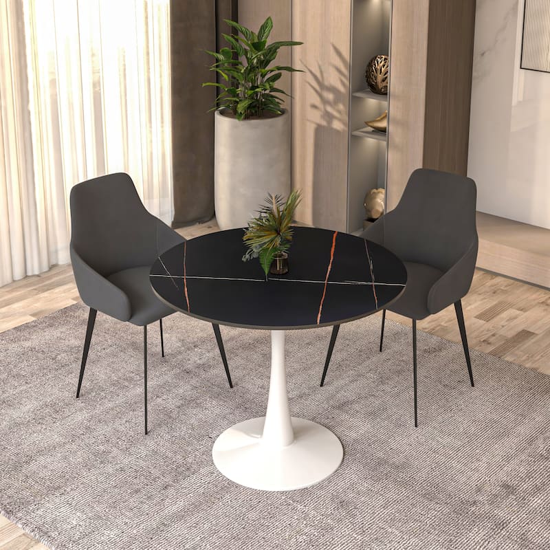 Bristol Round Dining Table for 4, 35" Sintered Stone Tabletop with White Stainless Steel Pedestal Base