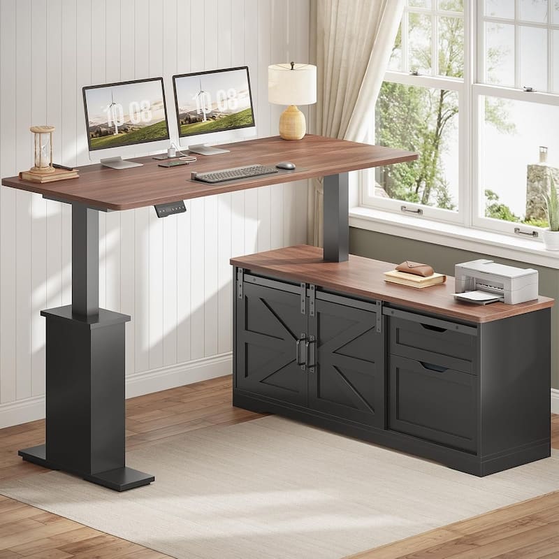 L Shaped Standing Desk Height Adjustable Corner Desk Storage Drawers - Black