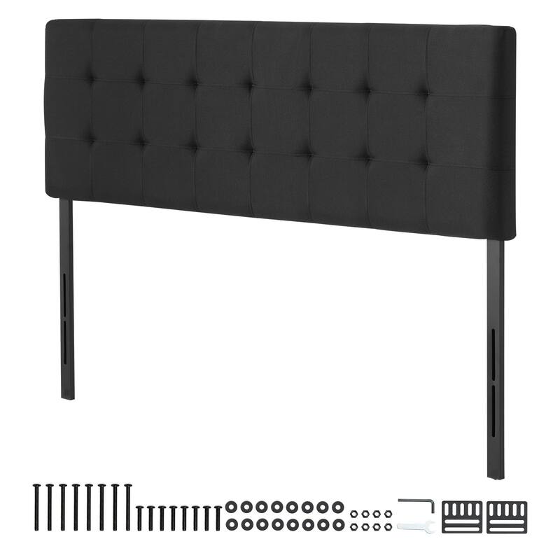 Black Linen Fabric Diamond Tufted Queen Size Headboard with Adjustable Height and Steel Frame - Black