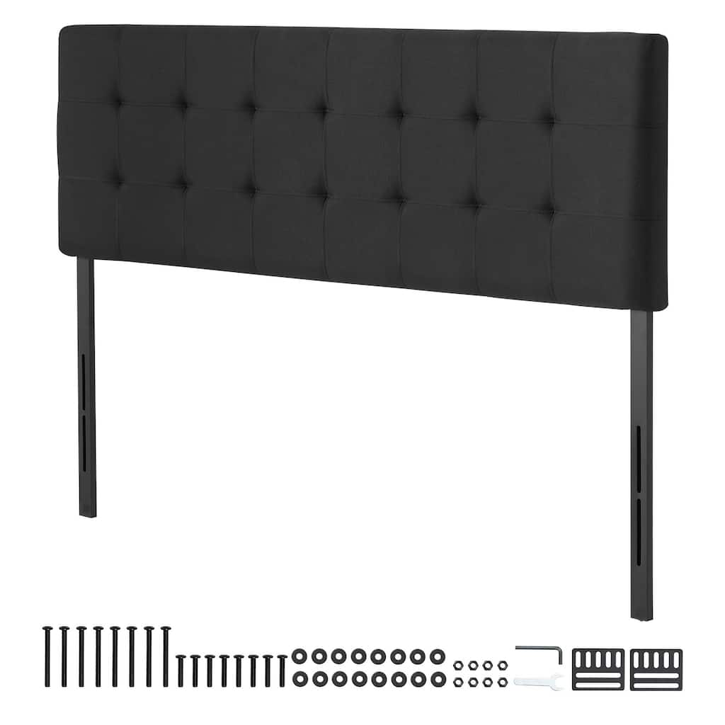 Black Linen Fabric Diamond Tufted Queen Size Headboard with Adjustable Height and Steel Frame