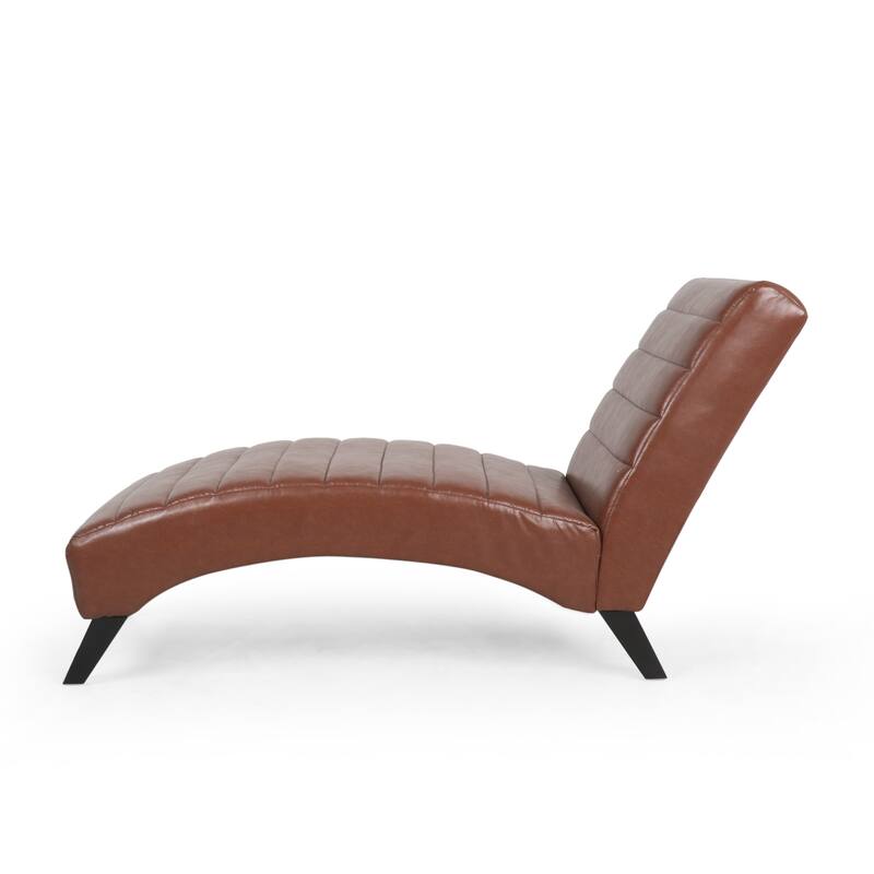 Roomfitters Modern Faux Leather Chaise Lounge with Curved Seat and Padded Channel Tufting, Light Brown