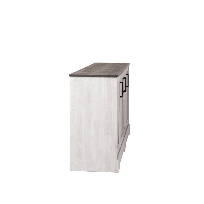 Prepac Rustic Ridge 4 Door Console Table with Storage, Washed White Storage Cabinet with Doors and Shelves