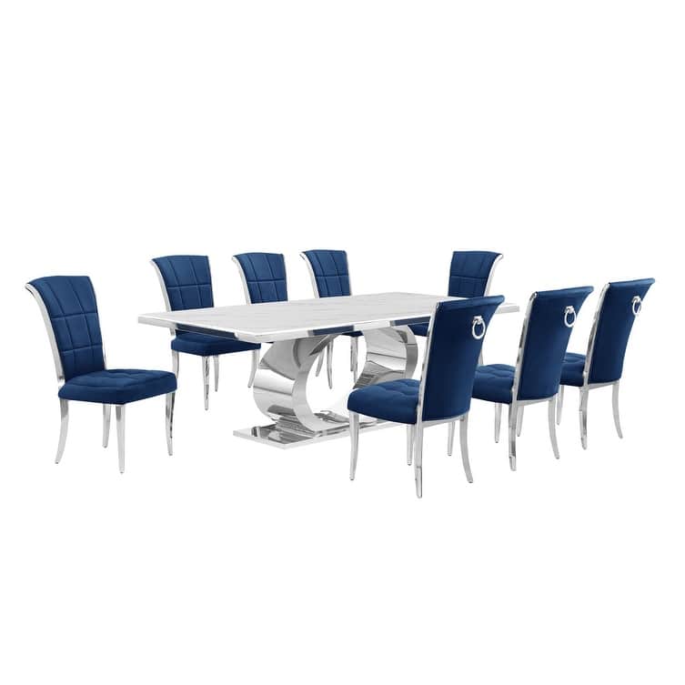 Best Quality Furniture D432/3-SC320-7 Dining Set with 87" White Marble Top