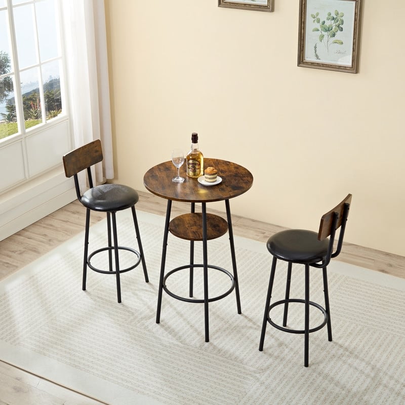 Industrial Style 3 Piece Round Dining Table Set,Iron Wood Table with 2 Bar Stools