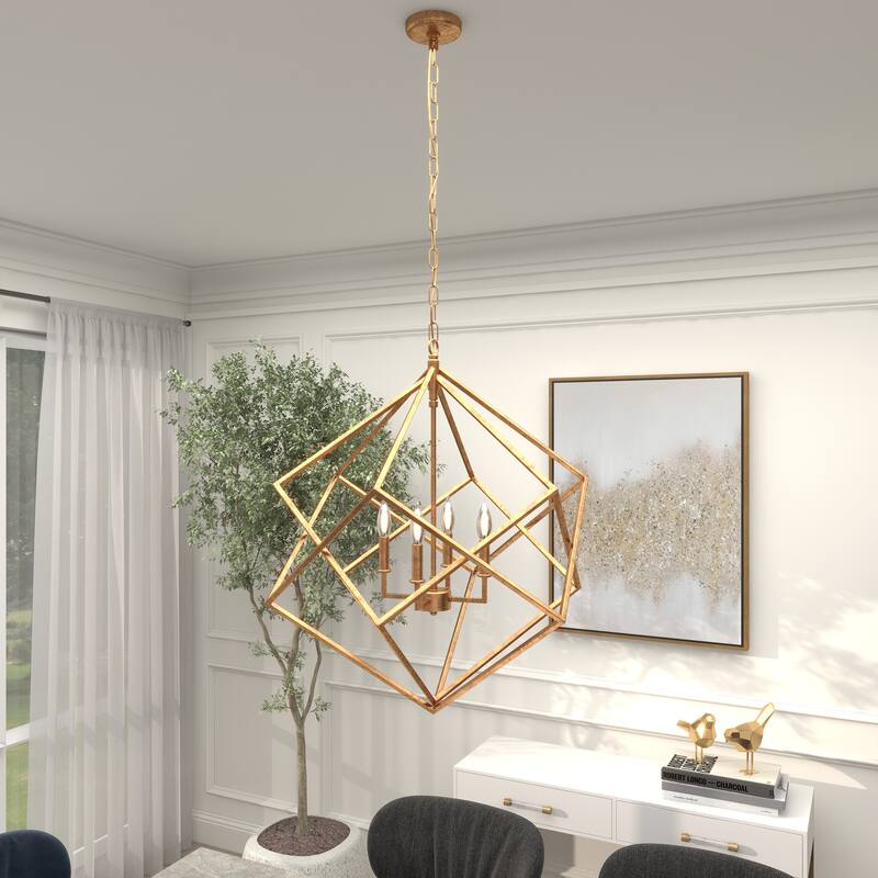 Metal Caged 4 Light Room Chandelier with Link Style Chain - Gold - Roche River Decor