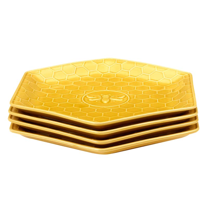 Certified International French Bees Set of 4 Embossed Honeycomb Dinner Plates - 11.25" x 10" x 1"