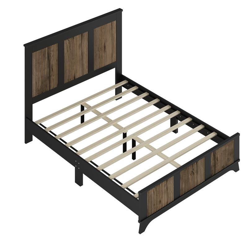 Strip Decoration Headboard Footboard Bed Frame Wood Platform Bed, Wooden Slat Support Panel Bed for Bedroom