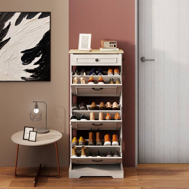 48.22 in. H x 20.86 in. W Antique White Shoe Cabinet with 1 Drawer and 3 Flip Drawers