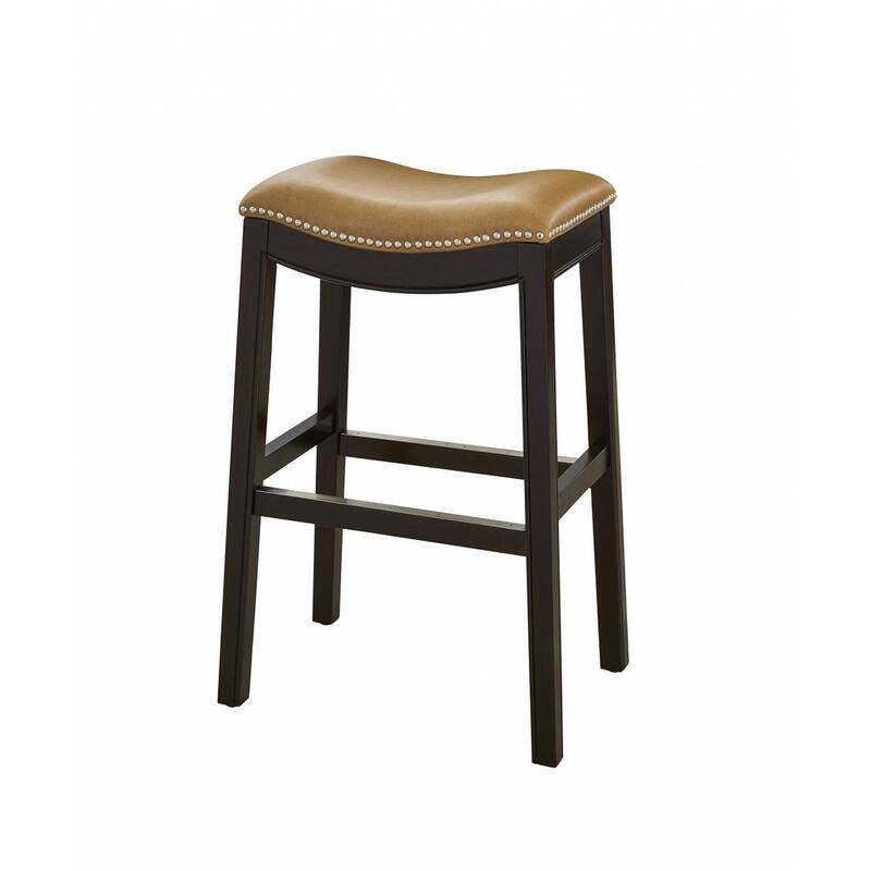31" Tan and Espresso Faux Leather and Solid Wood Backless Counter Height Bar Chair