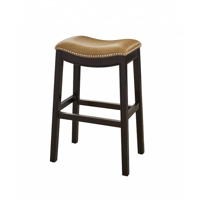 31" Tan and Espresso Faux Leather and Solid Wood Backless Counter Height Bar Chair