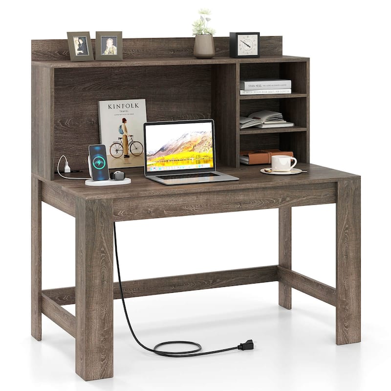 Costway Computer Desk with Hutch 2 Power Outlets USB & Type-c charging - See Details - Oak