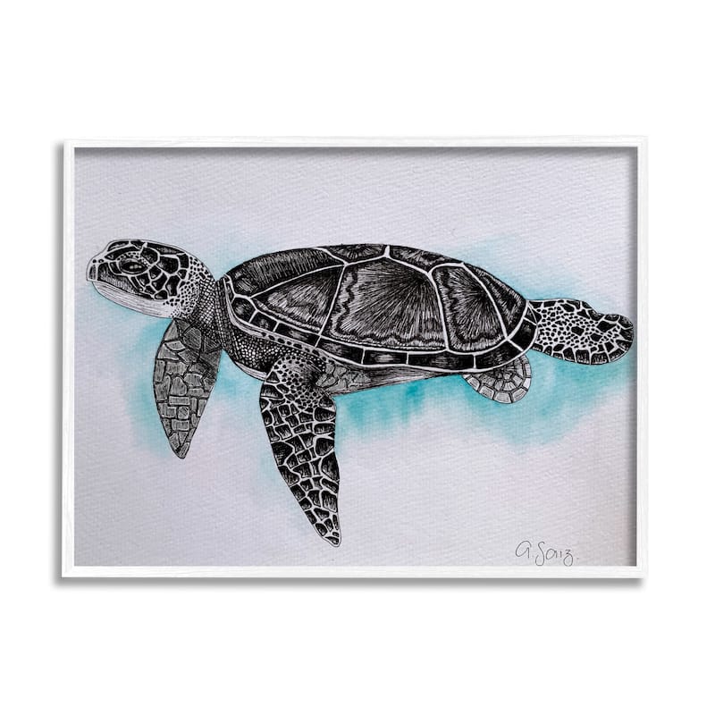 Stupell Monochrome Sea Turtle Marine Life Watercolor Pattern Framed Wall Art - Black - 20 x 16 - White