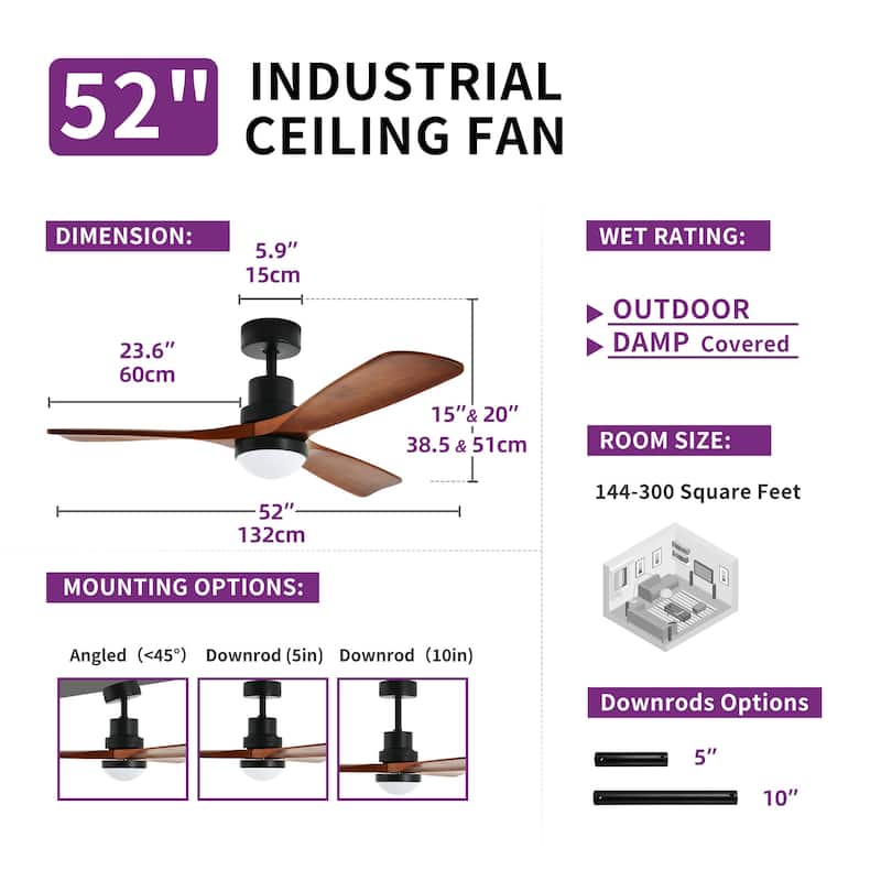 52" Ceiling Fan with Lights and Wall Switch Remote Wood Blades