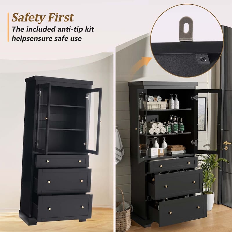 Freestanding Tall Bathroom Cabinet with 2 Adjustable Shelves,3 Drawers,Soft Close Glass Doors