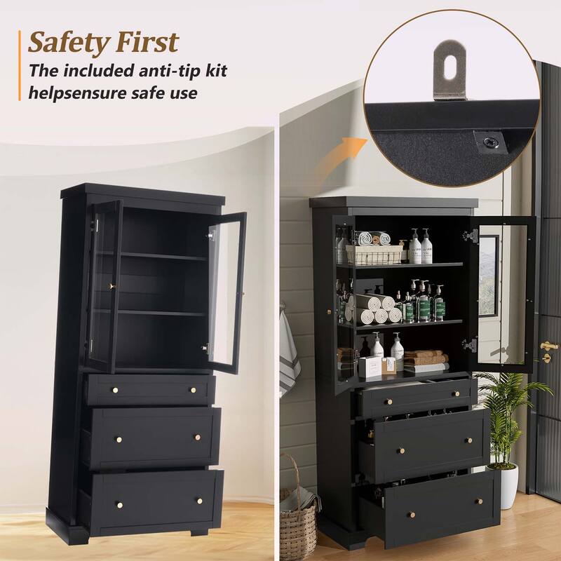 Freestanding Tall Cabinet with 2 Adjustable Shelves,3 Drawers,- Ideal for Bathroom,Living Room,and Kitchen Storage