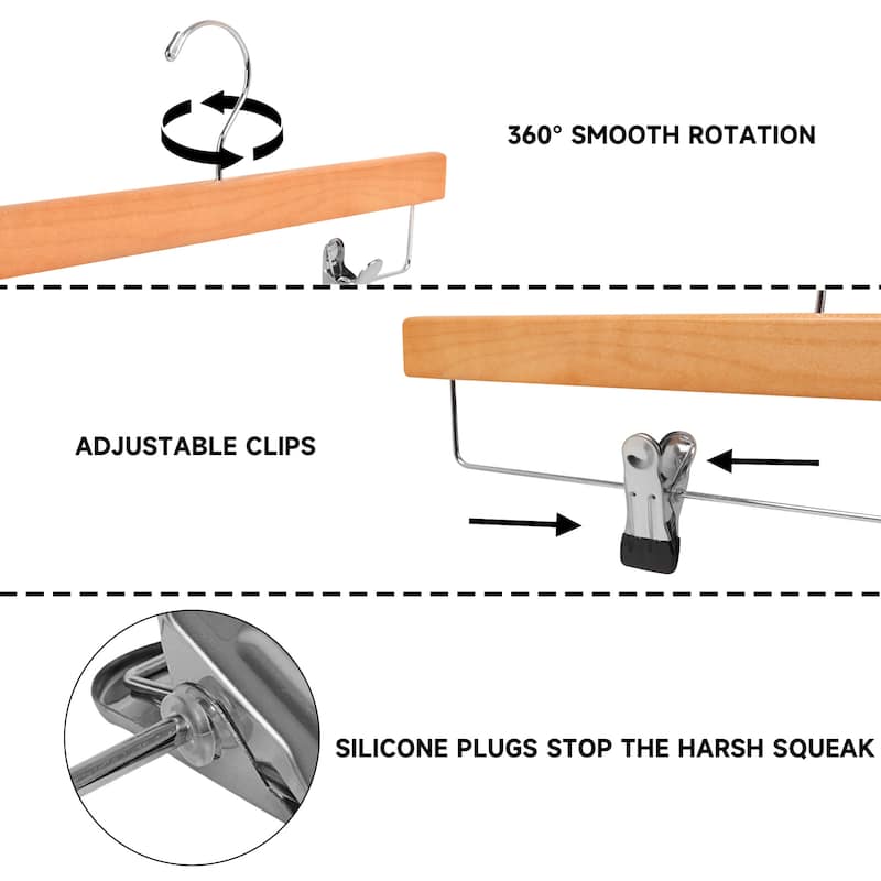 BP4U Premium Wooden Pants Hangers with Adjustable Clips, Solid Wood Skirt Hangers for Jeans, Slacks, Dresses