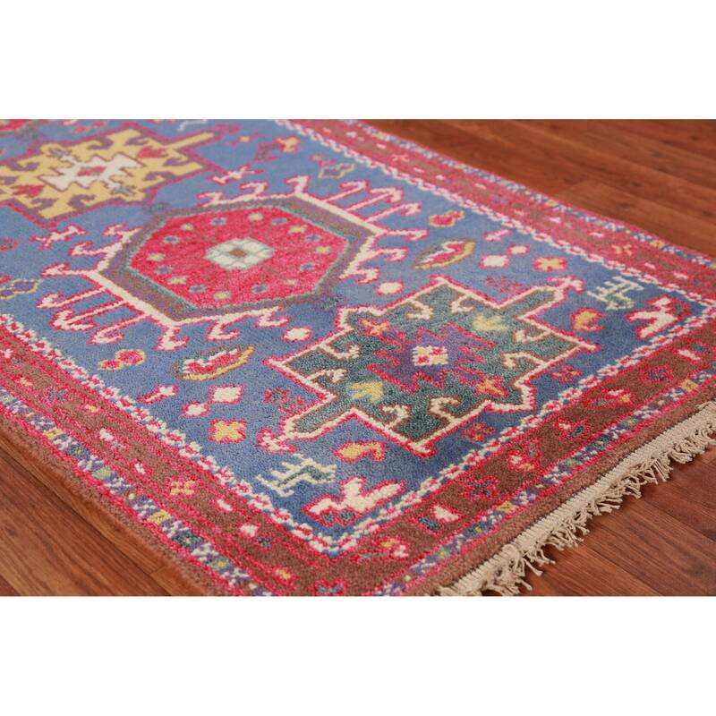 Hand Knotted Oriental 100% Wool Carpet Transitional Geometric Navy Blue & Blues Khotan Runner Rug - 9' 11'' X 2' 6''