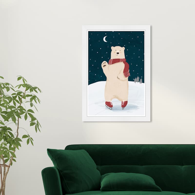 Wynwood Studio Prints Animals Snowy Skater Bear Blue and Dark Blue Farmhouse Wall Art Canvas Print - White