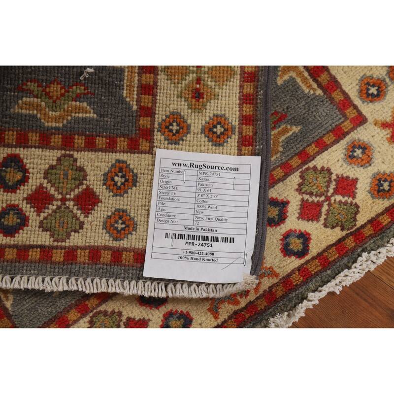 Gray Geometric Kazak Oriental Foyer Rug Handmade Wool Carpet - 2'0"x 3'0"