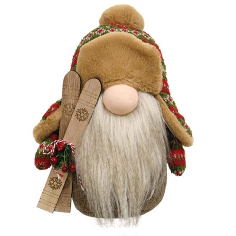 13" Nordic Knit Gnome Plush Figurine with Wooden Skis Winter Christmas Home Decoration - 13" H x 8" W x 5" D