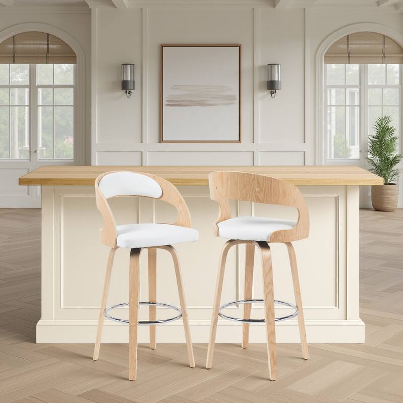 Shelly Mid-Century Swivel Bar Stool, Upholstered Counter Height Chair with Bentwood Legs - White & Oak - Bar Height - Set of 2