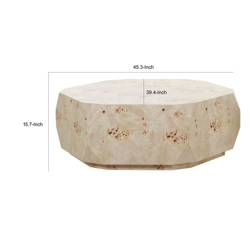 Cid Hy 45 Inch Coffee Table, Irregular Burl Wood Veneer Drum, Natural Brown