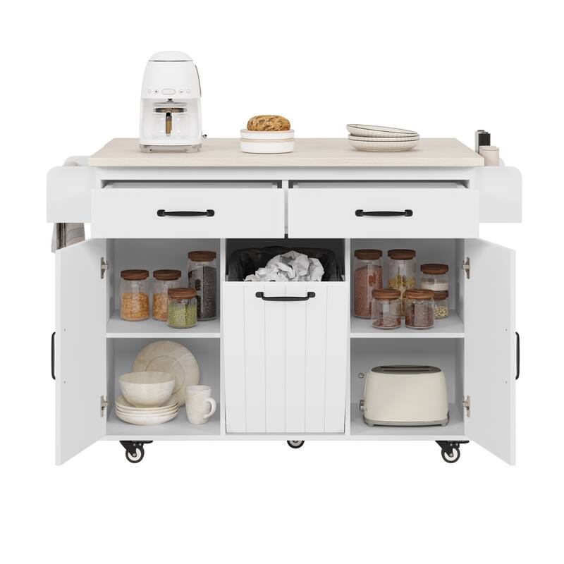 51.06'' Particle Board Kitchen Island with Drop Leaf, RollingWheels, Spice Rack, Towel Rack and Drawers