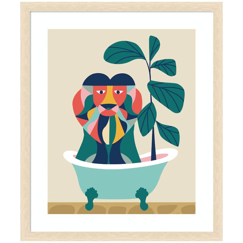 Kate and Laurel Framed Art Mid Century Modern Lion in Bathtub by Rachel Lee - Natural