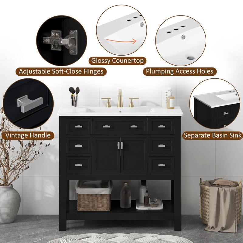 36-Inch Black Bathroom Vanity with Ceramic Sink, 6 Drawers, and Soft-Close Doors - 36 in ,Black ,Ceramic,Solid Wood+MDF