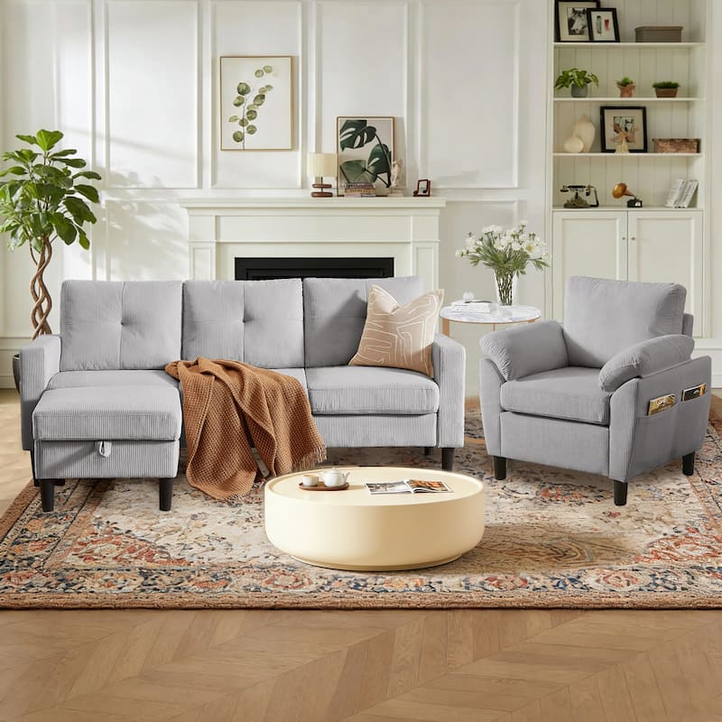 3 Pieces Corduroy Living Room Set with Sofa ,Storage Ottoman and Chair - Light Grey