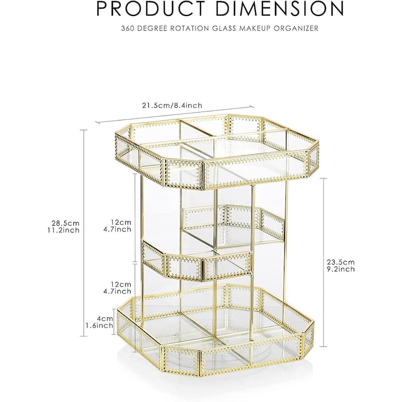 Golden Vintage Glass 360 Degree Rotation Makeup Organizer for Vanity&Bathroom - Gold