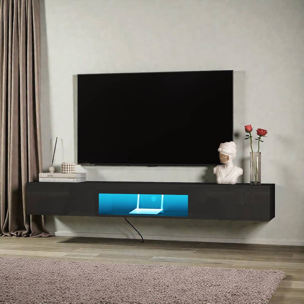 69 Inch Floating TV Stand Wall Mounted with 16 Color LED Lights, Modern TV Cabinet for 55 60 65 Inch TV