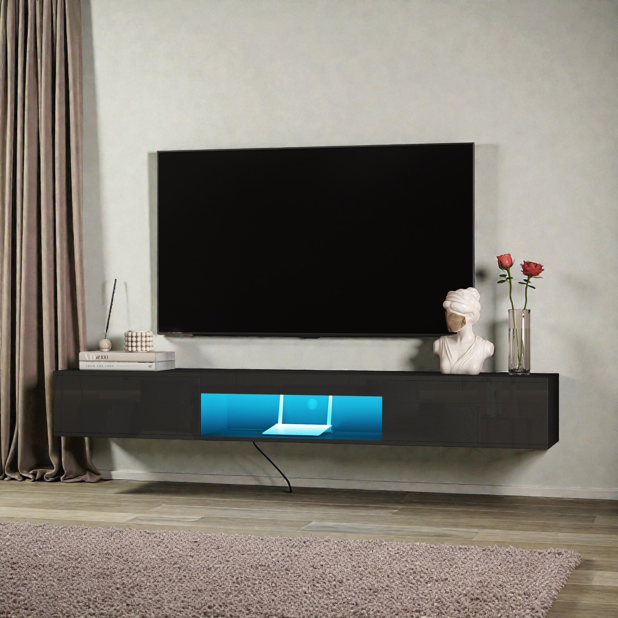 69 Inch Floating TV Stand Wall Mounted with 16 Color LED Lights, Modern TV Cabinet for 55 60 65 Inch TV