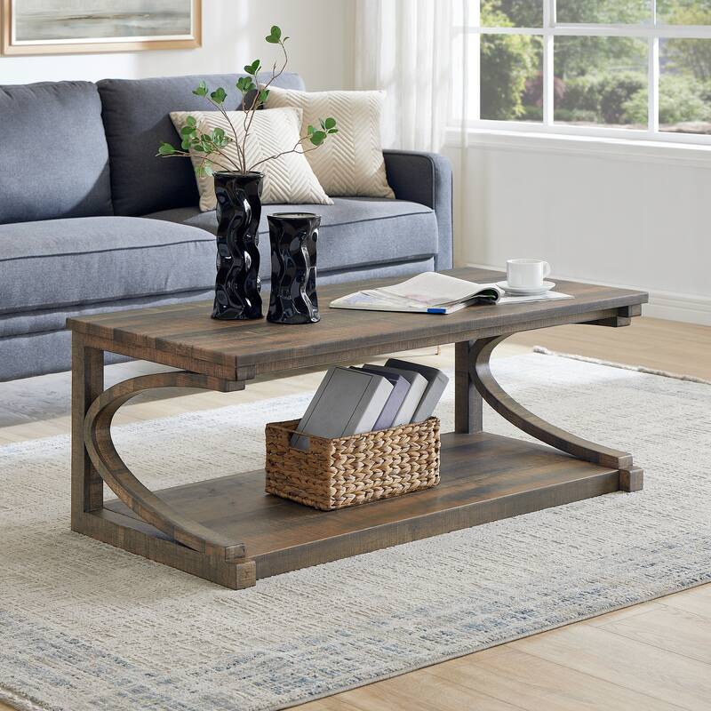 Unique Solid Wood Coffee Table with Storage Shelf - Brown