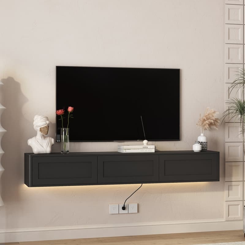 Floating 68" Wall Mounted TV Stand for TVs up to 75", Media Console Table with LED Lights and Power Outlet