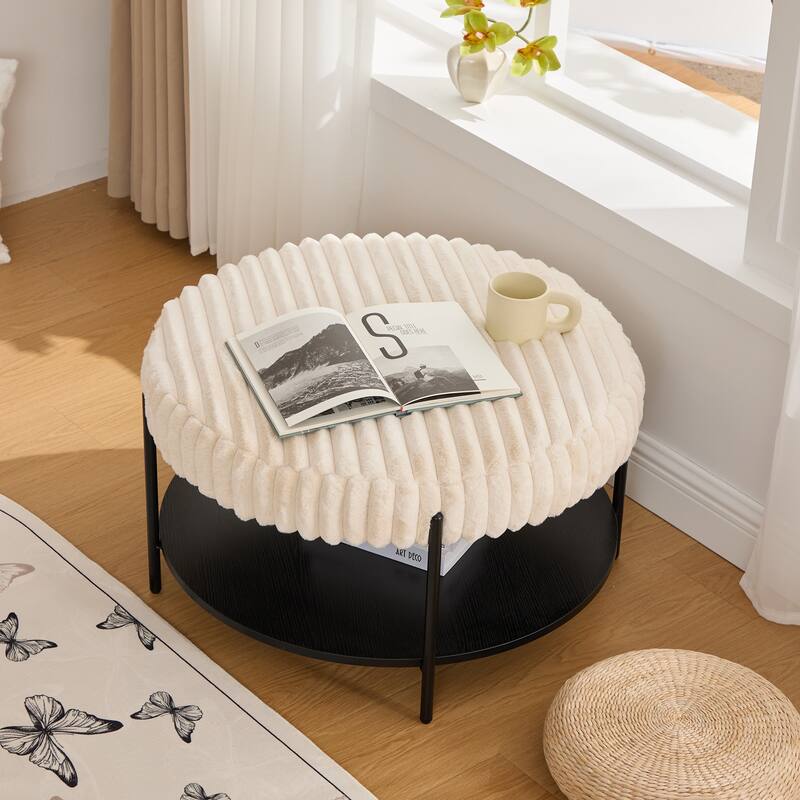 Modern Round Coffee Table with Open Storage Shelf with Black Metal Legs, for Living Room Bedroom Entryway