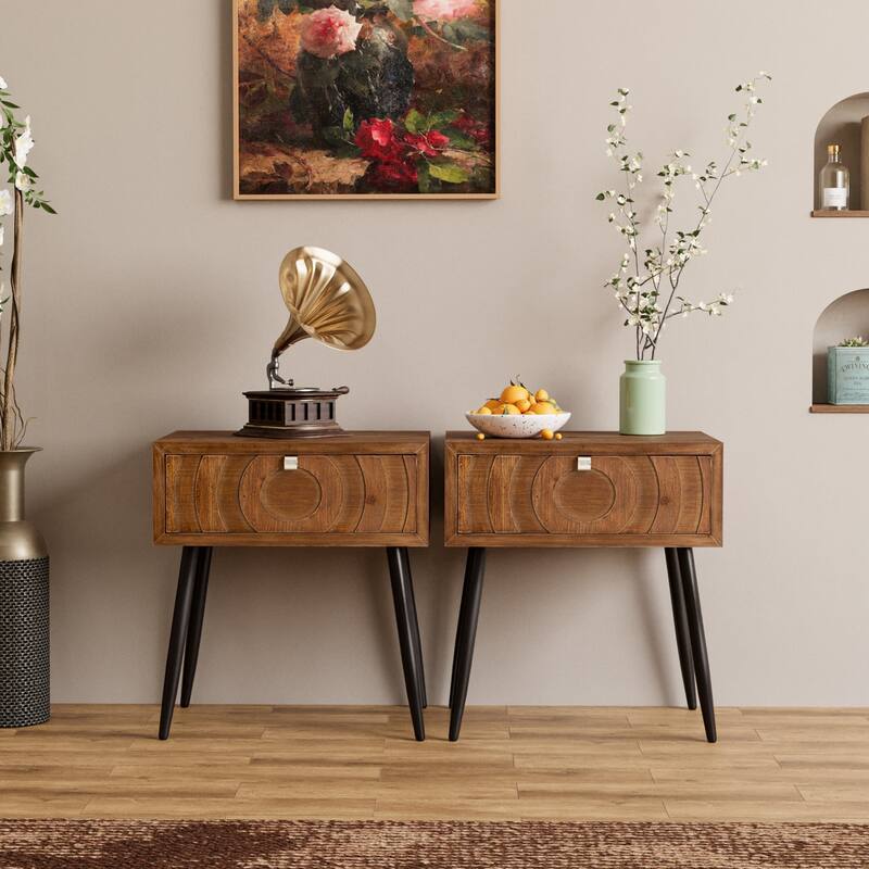 COSIEST Solid Wood Brown Nightstand Set with Drawers