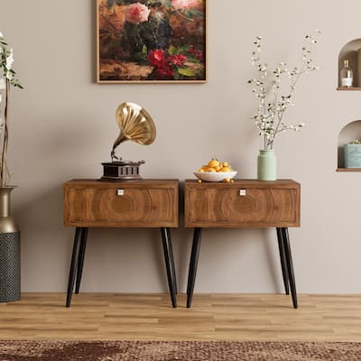 COSIEST Solid Wood Brown Nightstand Set with Drawers