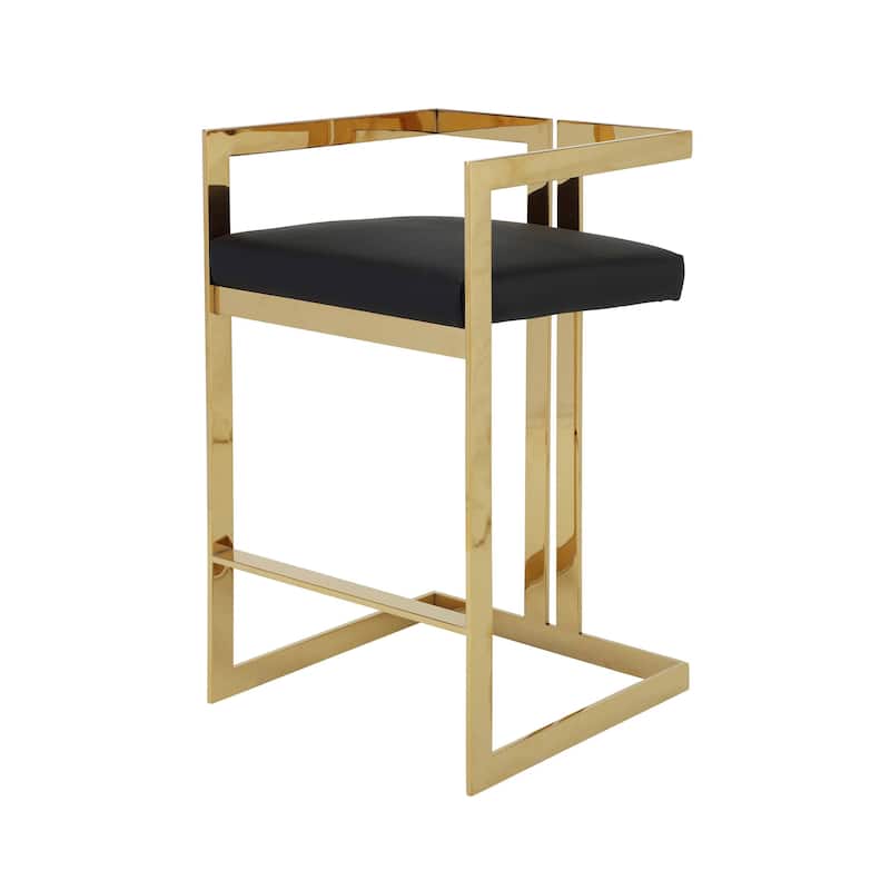 Suki 30 Inch Barstool Chair, Black Faux Leather Seat, Gold Cantilever Base