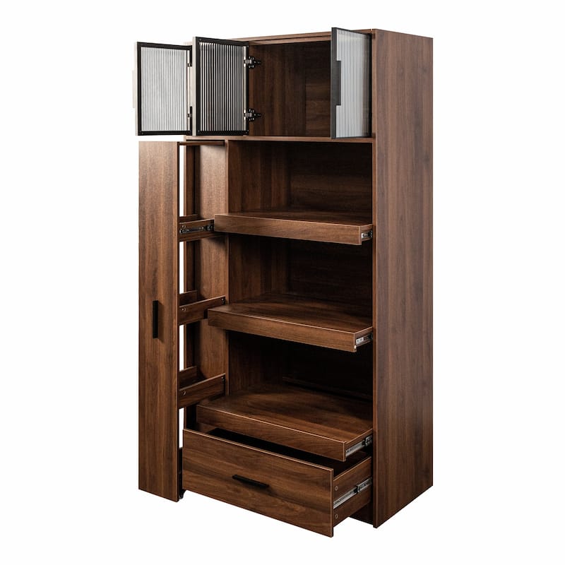 70.87" Tall Kitchen Pantry Cabinet with 4-Tier Side Shelf and 2 Drawers - Tan