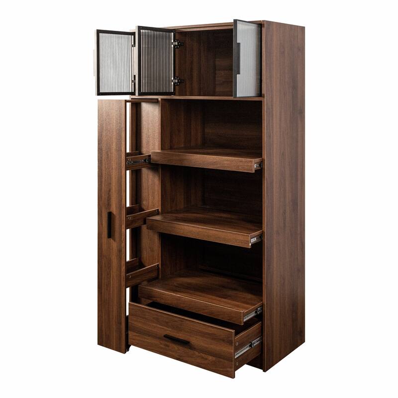 Roomfitters Kitchen Pantry Cabinet with Pull-Out Storage Shelf, Microwave Stand and Drawer, Freestanding Food Hutch, Walnut