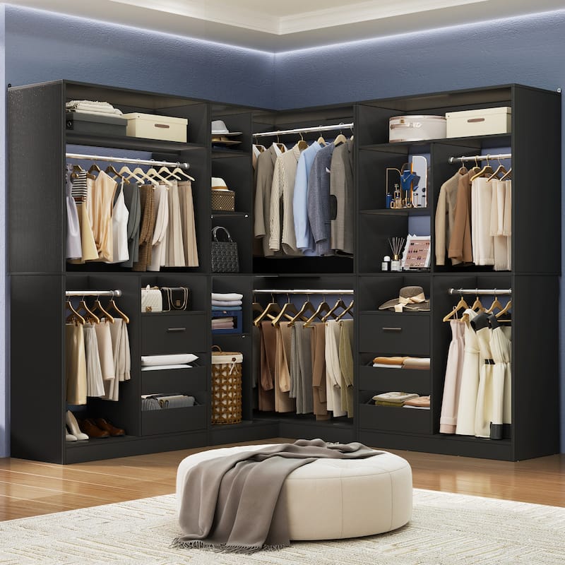 Qvella 72"-108" Closet System with Drawers and Hanging Rods,Freestanding Walk-in Closet Organizer System Wardrobe Closet Tower