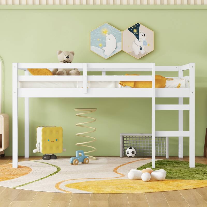 Solid Rubber Wooden Twin Loft Bed with Ladder