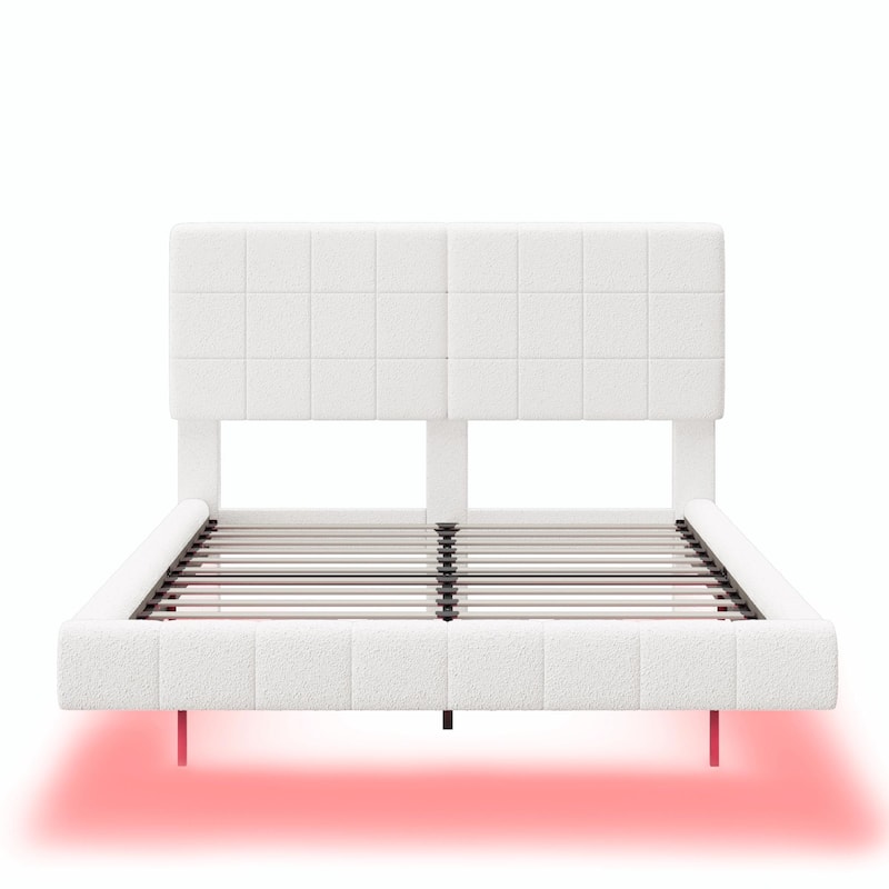 White Bouclé Floating Bed with Ambient Light