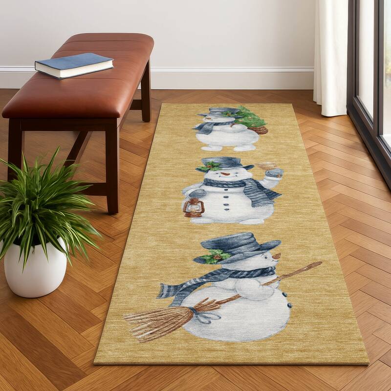 Premium Washable Super Soft Winter Holiday Snowman Mayfield Rug - Gold - 2'3" x 7'6"