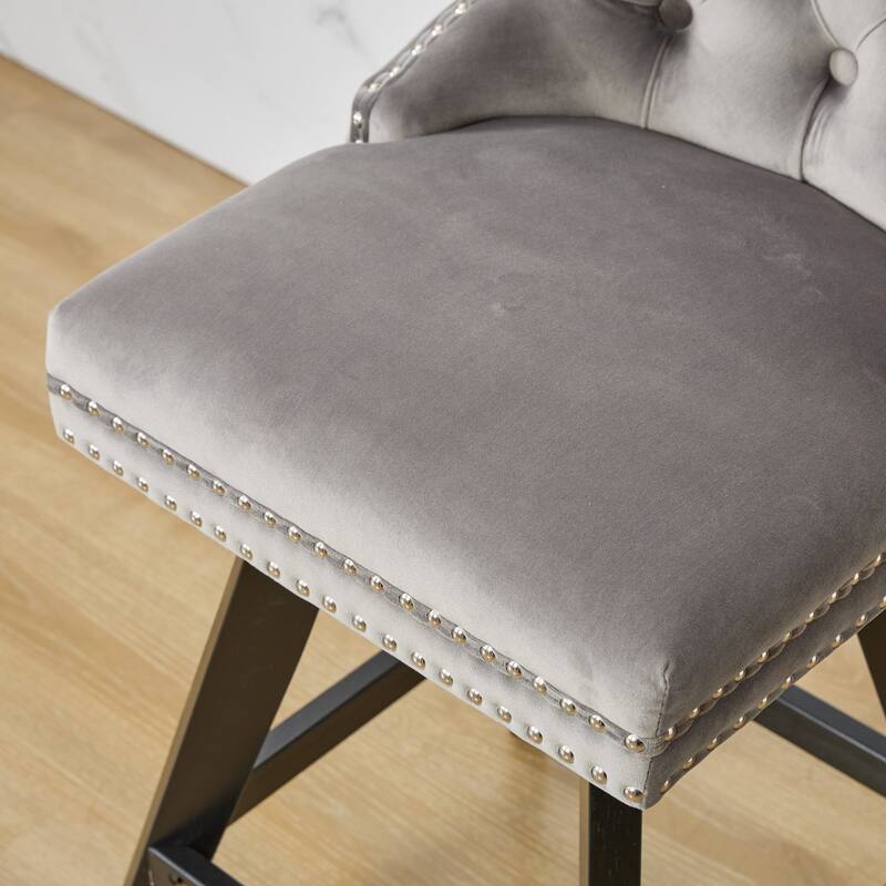 Swivel Velvet Barstools With Button Tufted Decoration And Wooden Legs