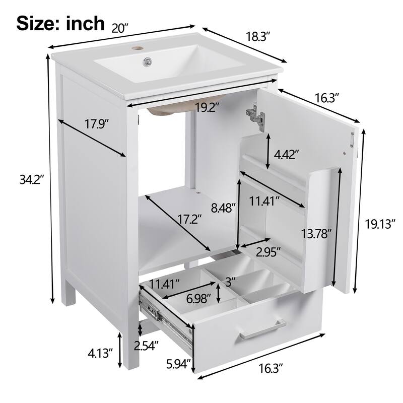 Roomfitters 20" Modern Bathroom Vanity with Ceramic Sink, Soft-Close Drawer and Door, Divider Drawer, Storage Rack